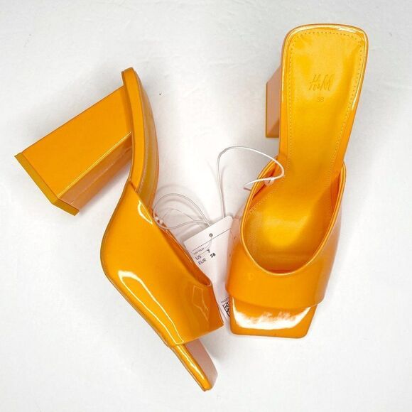 H&M Square Toe Chunky Heel Patent Mules Sandals in Yellow Orange Size 7 NEW - Picture 2 of 11